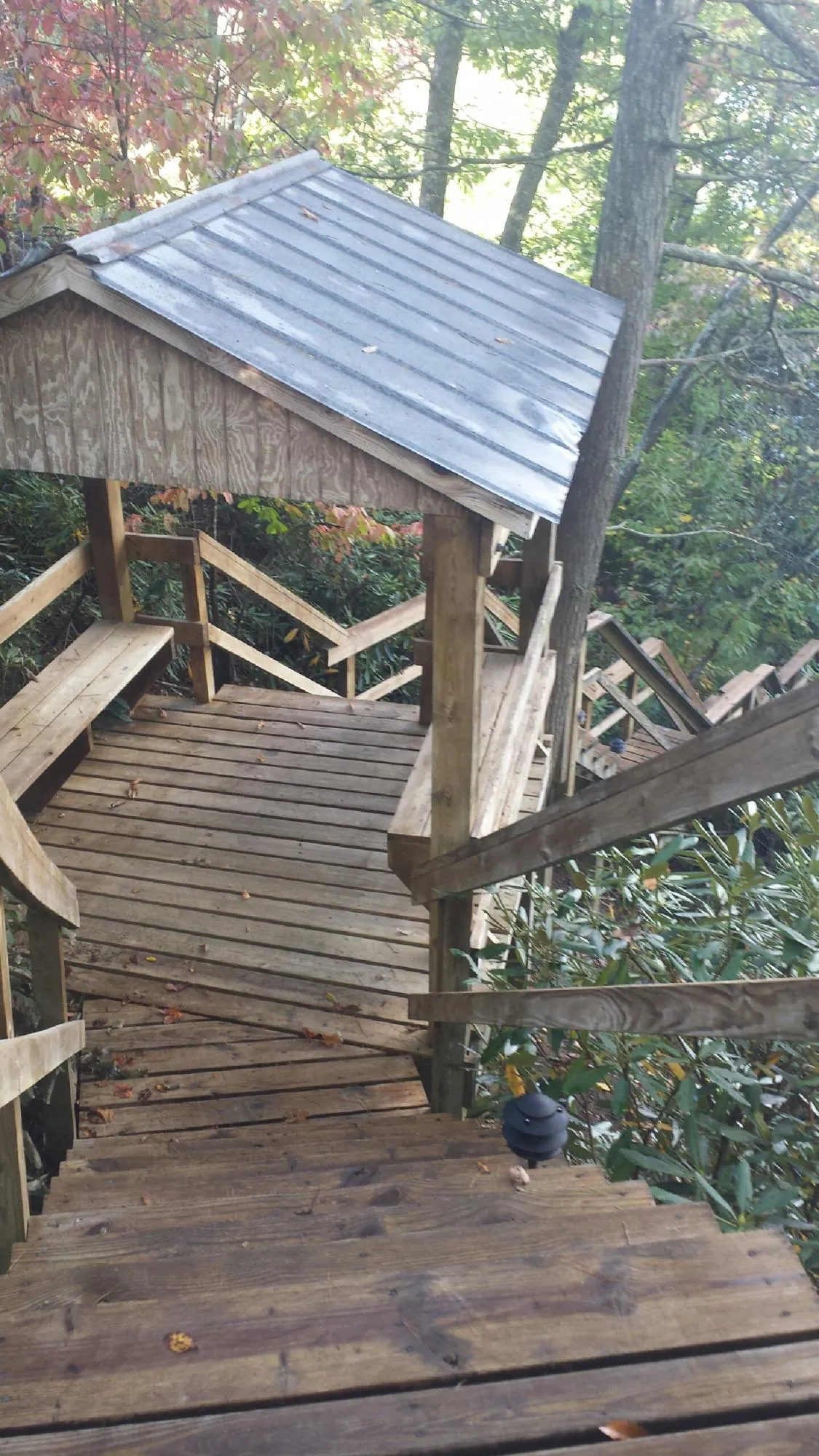 Metal roofed shelter over wooden steps on a wooded walkway — Skylight Repair & Installation work by our crew in Lexington